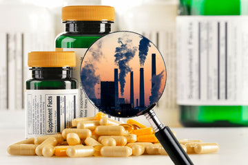 magnifying glass over supplemnts showing the pollution hidden by some brands