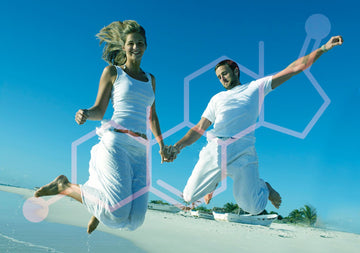 young men and women with white clothes jumping over a blue sky with a watermark of DHEA chemical symbol